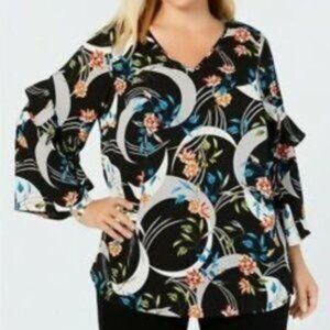 Alfani Multicolor Crescent Floral Blouse 3/4 Sleeves w/ Ruffles Size 3X Romantic